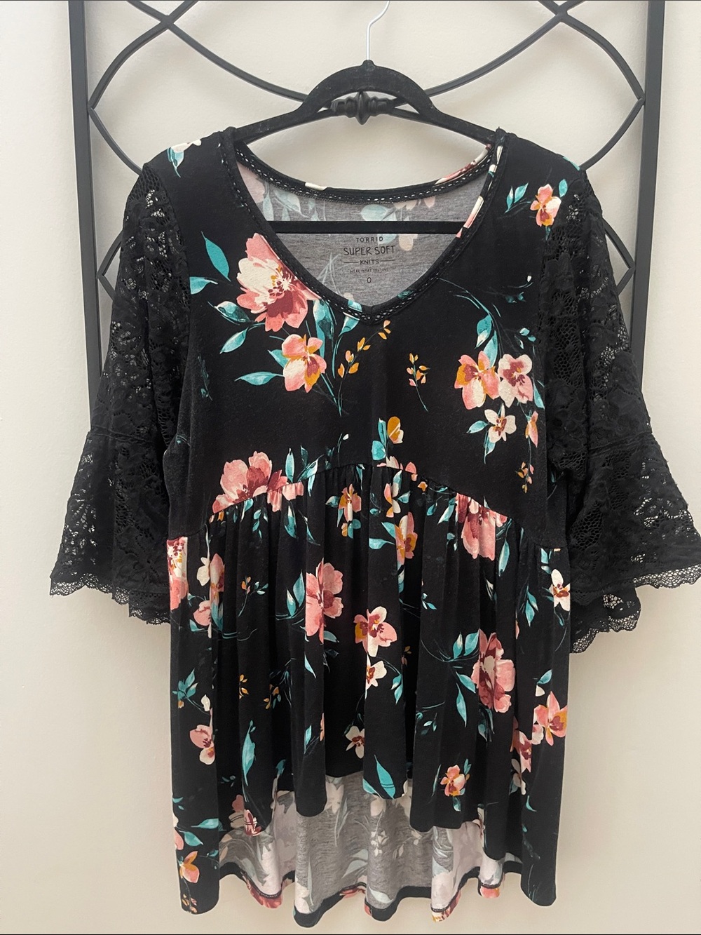 Torrid Black Floral V-Neck Tunic with Lace Bell Sleeves